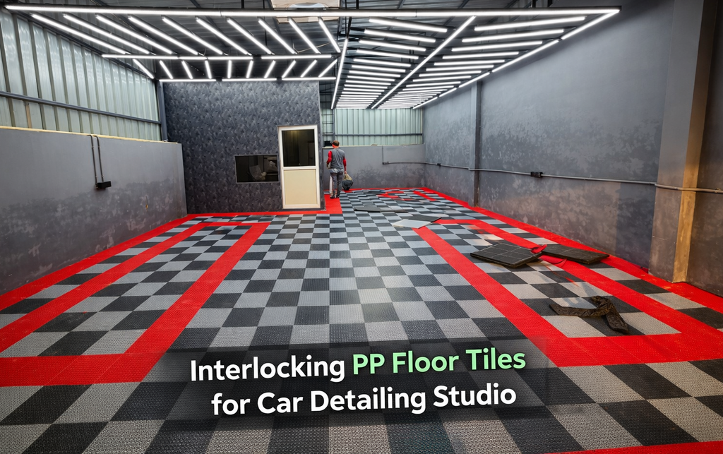 Heavy Duty Interlocking Plastic Floor Tiles for Car Detailing Studio ( 1ft x 1ft ) T (15.9mm)
