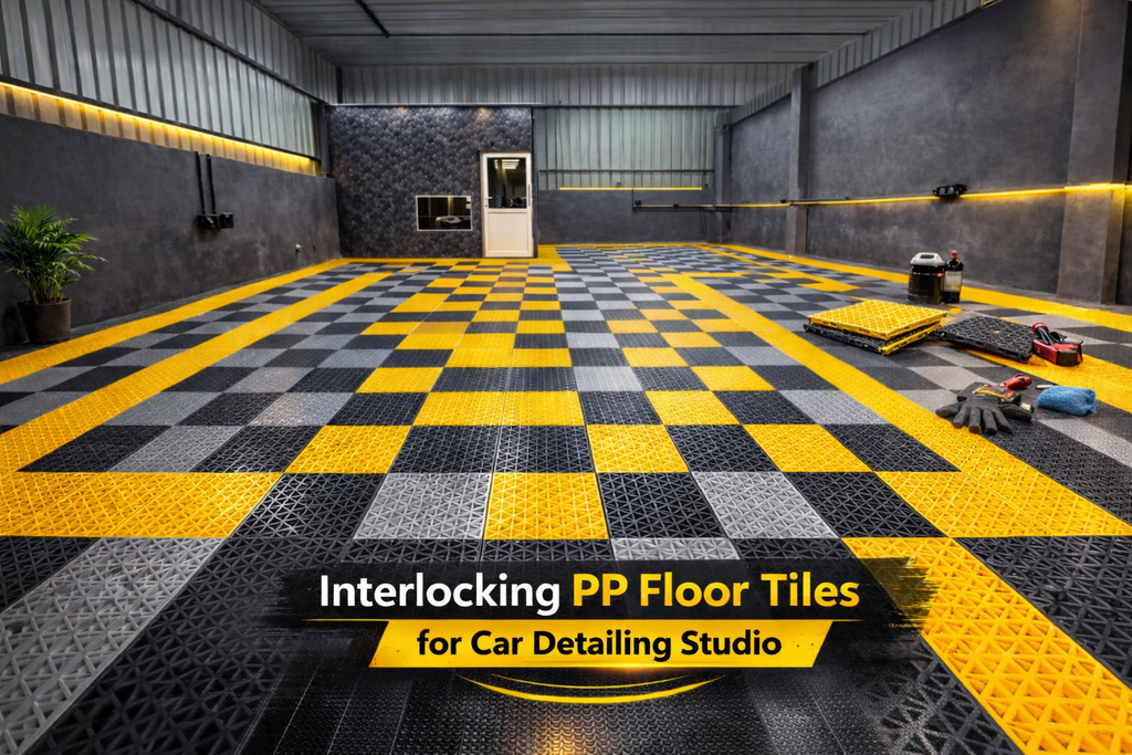 Heavy Duty Interlocking Plastic Floor Tiles for Car Detailing Studio ( 1ft x 1ft ) T (15.9mm)